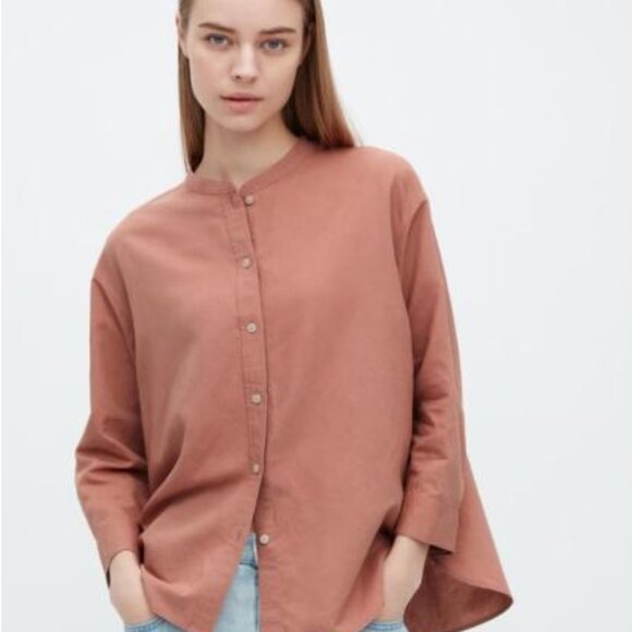 Uniqlo Linen Blend Band Collar 3/4 Sleeve Shirt - Picture 2 of 7
